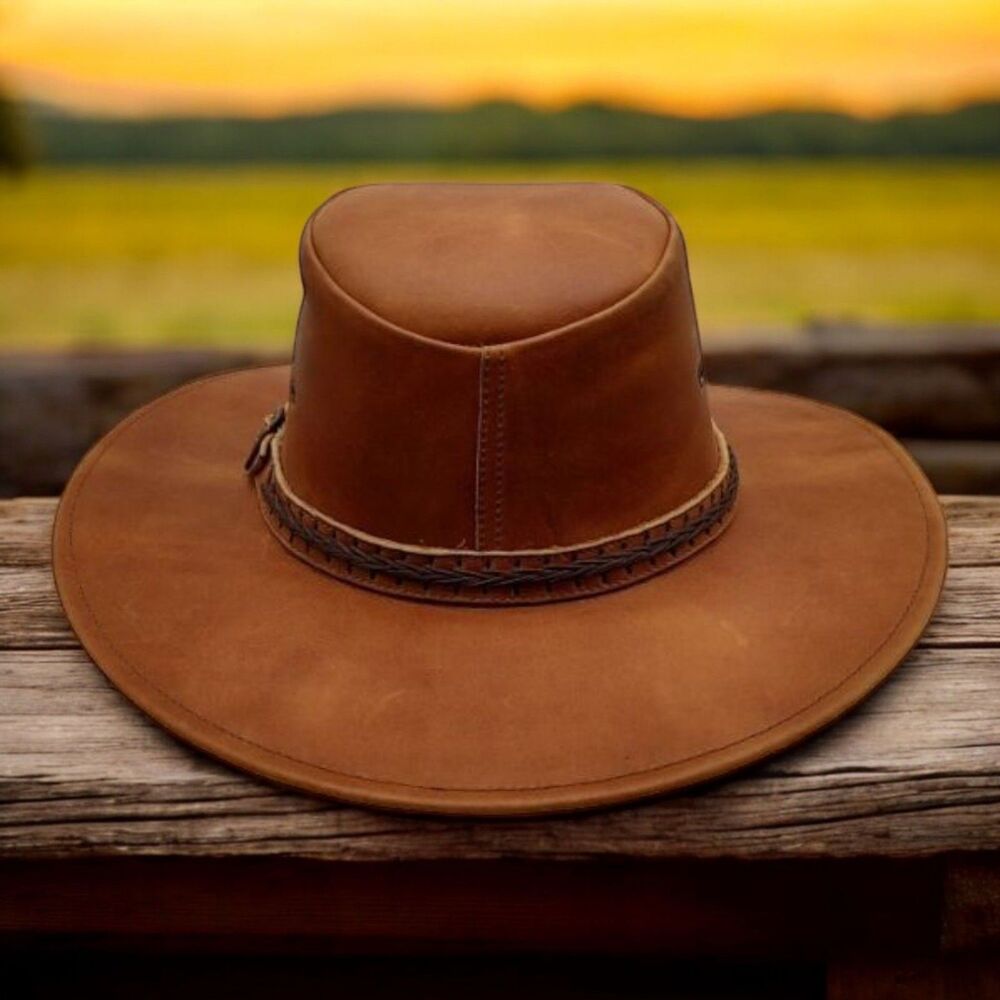 Colombian Crafted Small Brown Leather Western Cowboy Outback Boho Distressed Hat